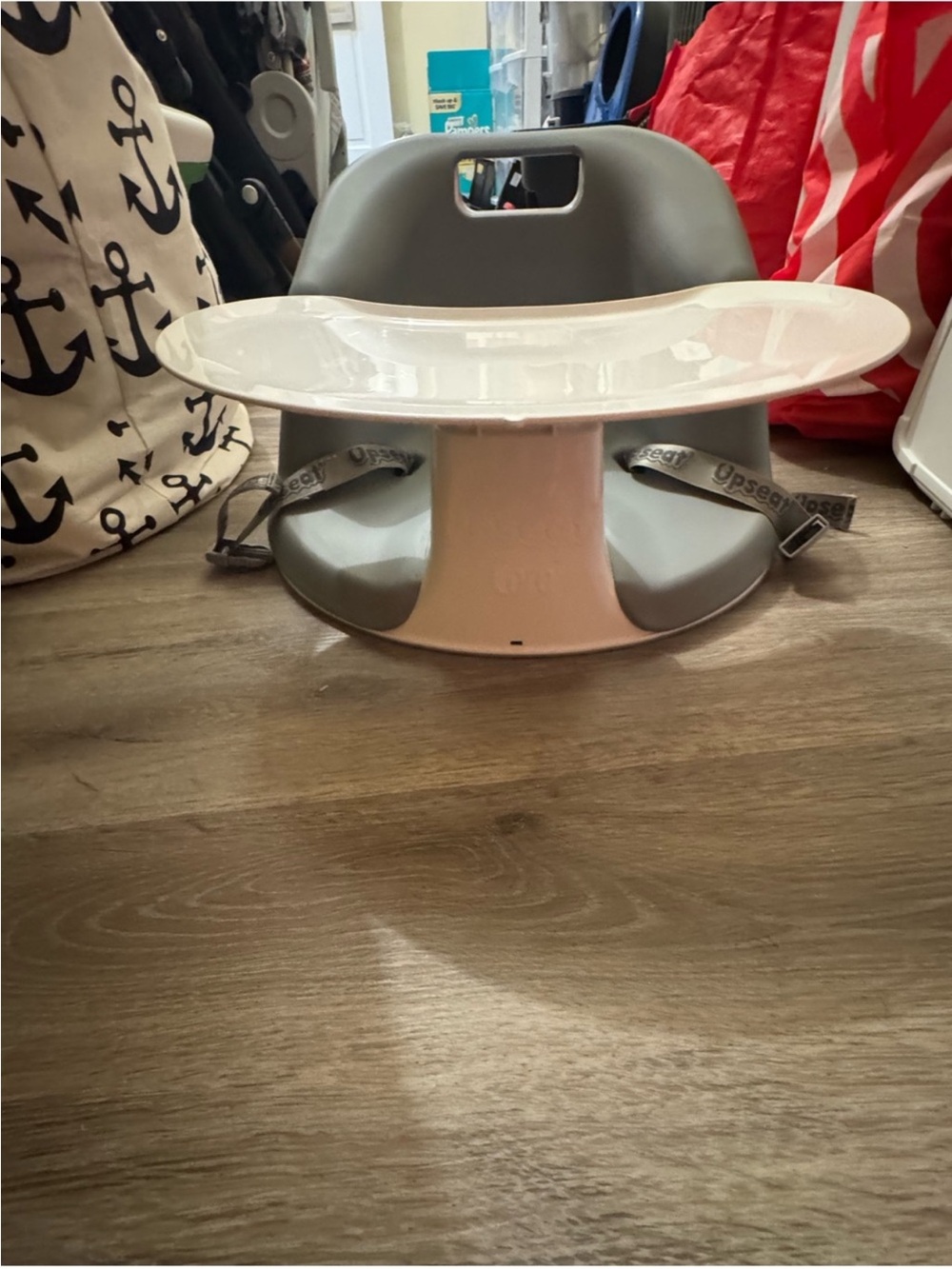Gray Baby Floor Feeding Seat with White Tray